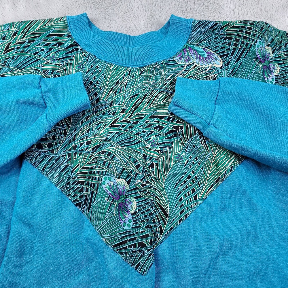 Hanes Sweatshirt Womens M Vintage 80s Butterfly Tropical Graphic Blend Teal Blue